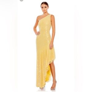 Mac Duggal One-Shoulder Yellow Sequin Asymmetrical Gown